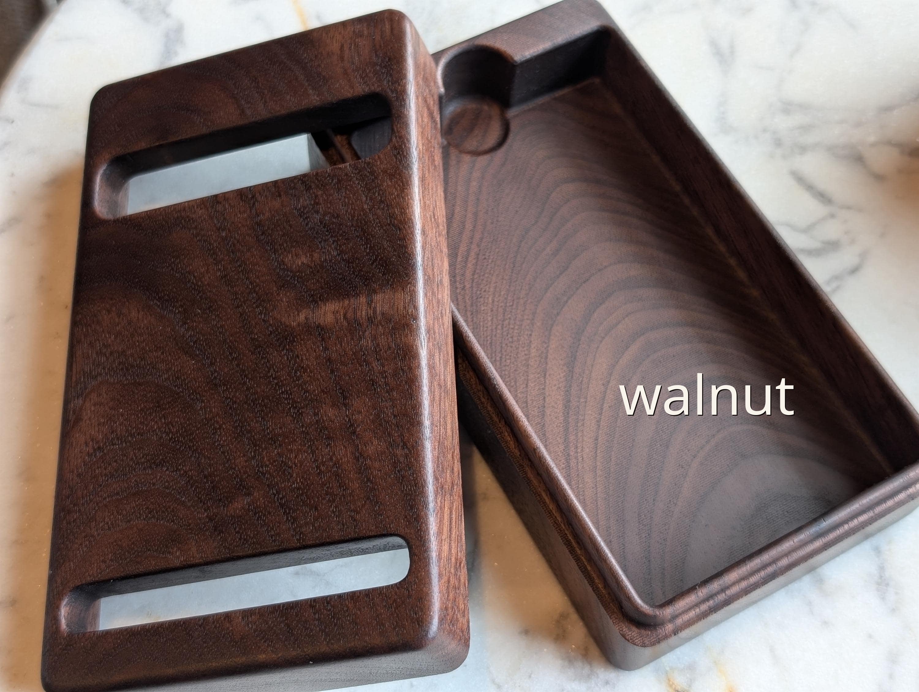 Walnut bridge bidding box open, one-piece tray