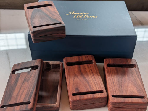 Bolivian rosewood bridge bidding boxes, set of four, with navy presentation box