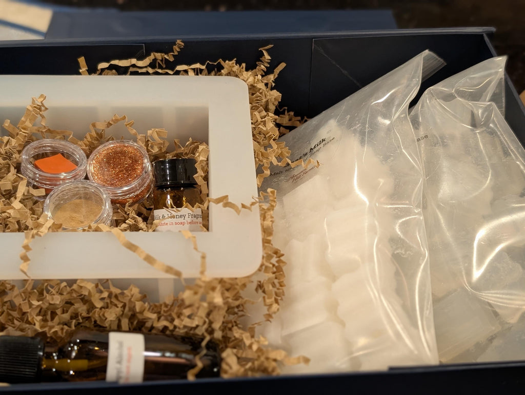 Kit contents: molds, fragrance oils, and soap bases
