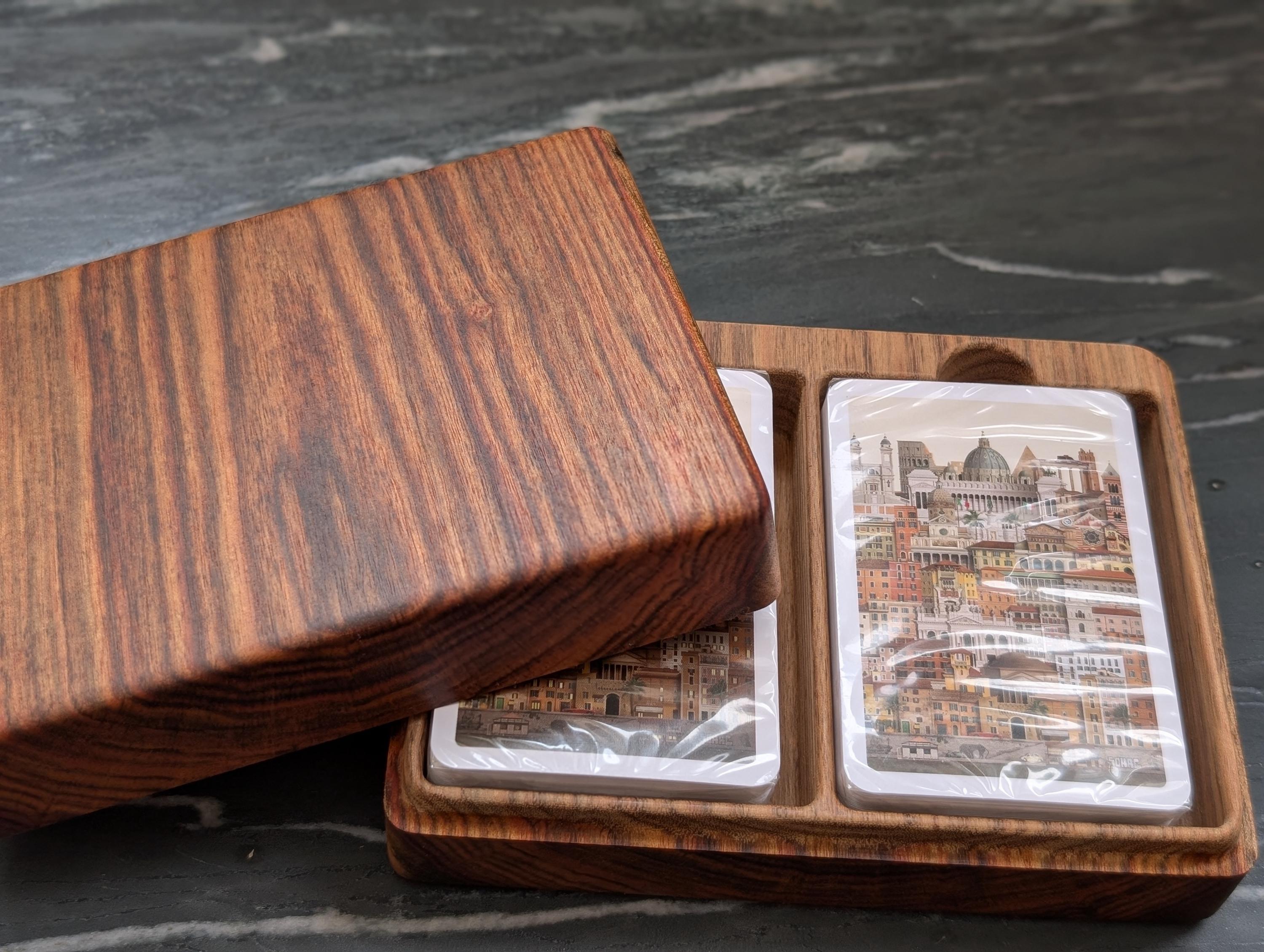 Bolivian rosewood double deck box open, two decks seated