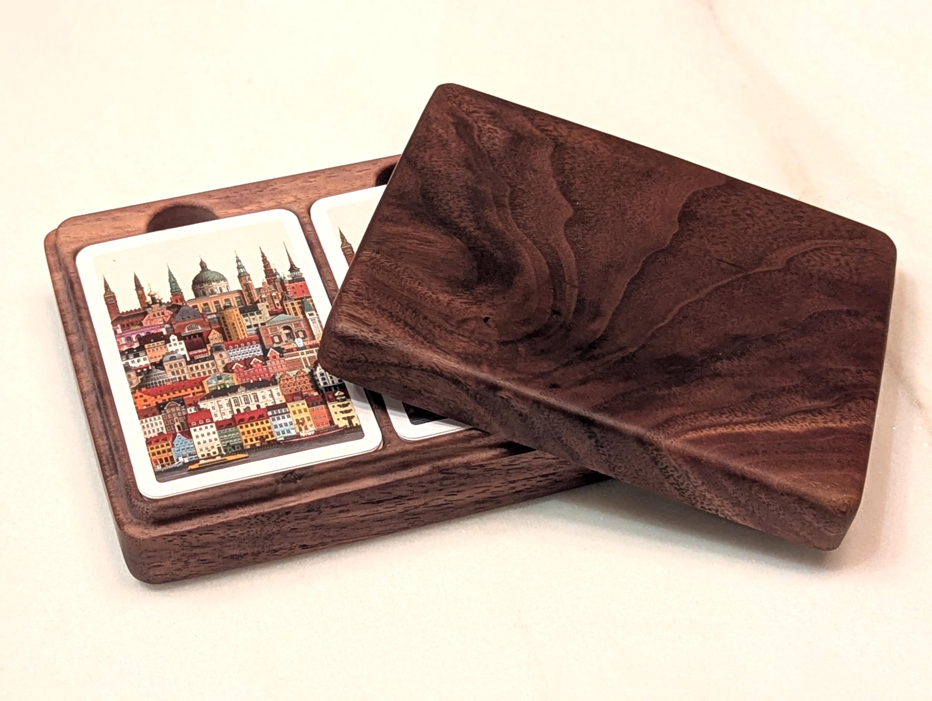 Walnut double deck box open, two decks seated