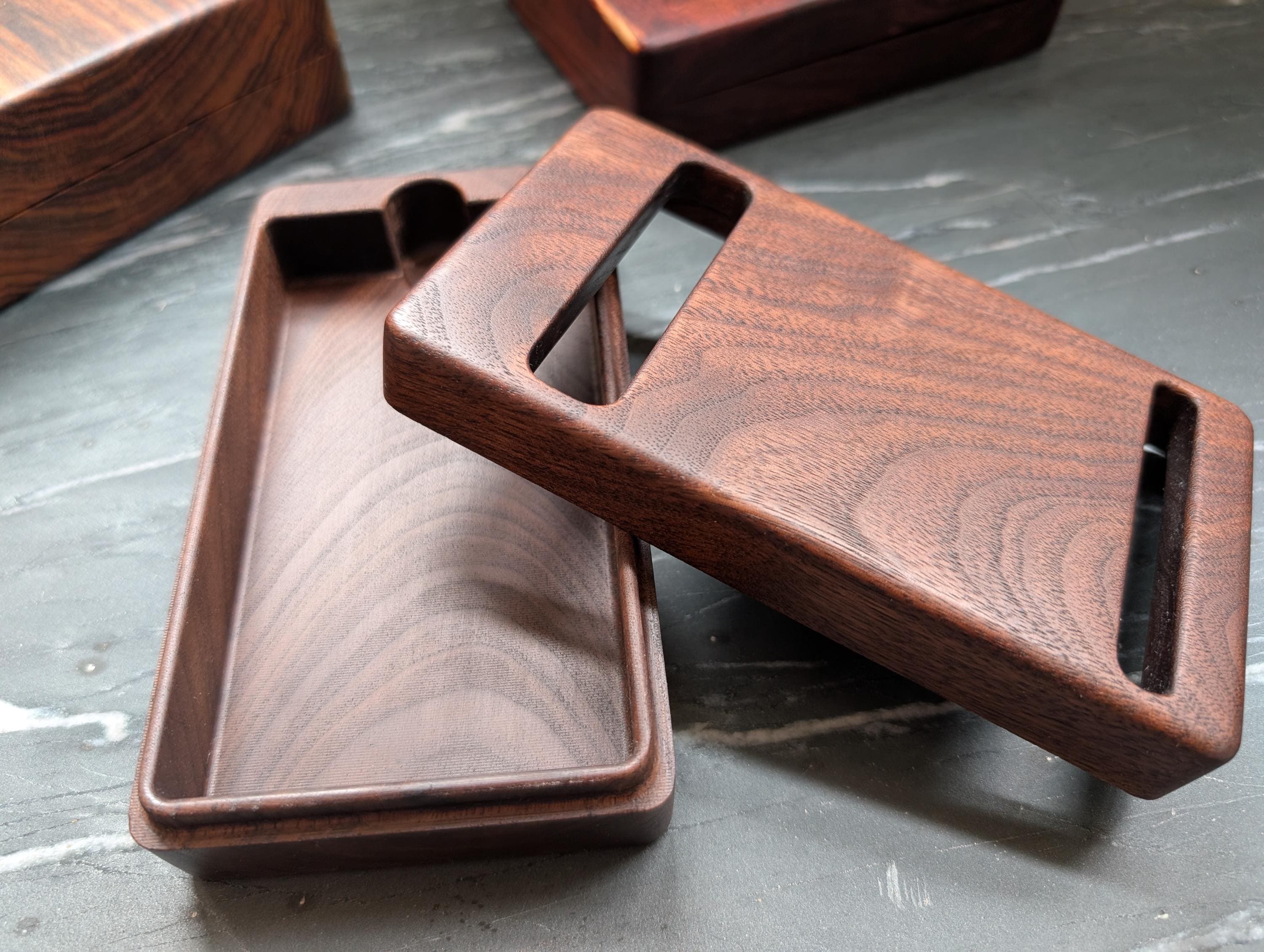 Walnut bidding box open, slotted lid