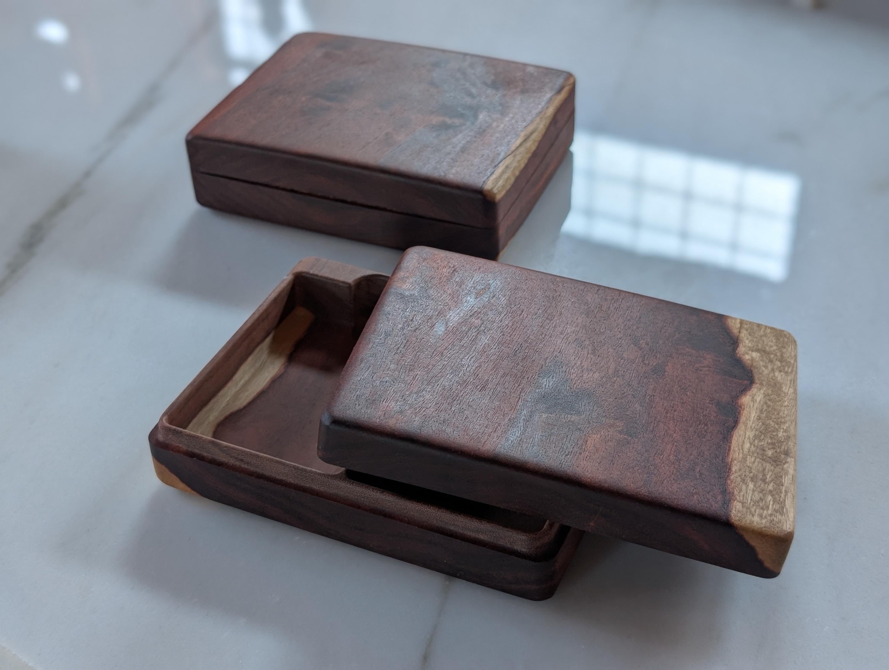 Bolivian rosewood double deck card boxes, lid ajar